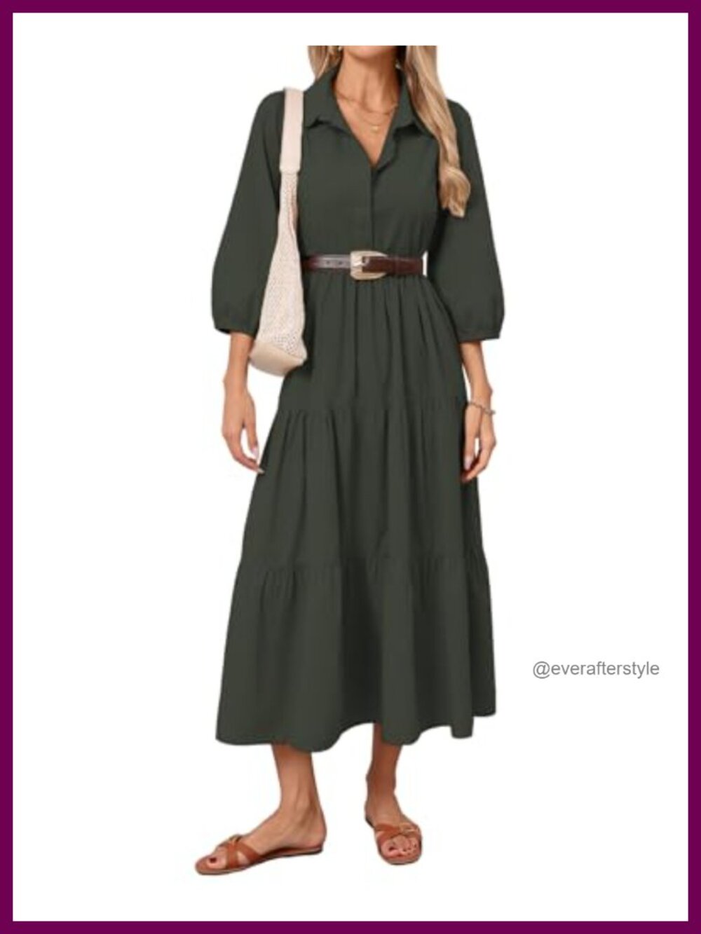 Women Button Down Maxi Shirt Dress 3/4 Puff Sleeve Tiered Collared Flowy
